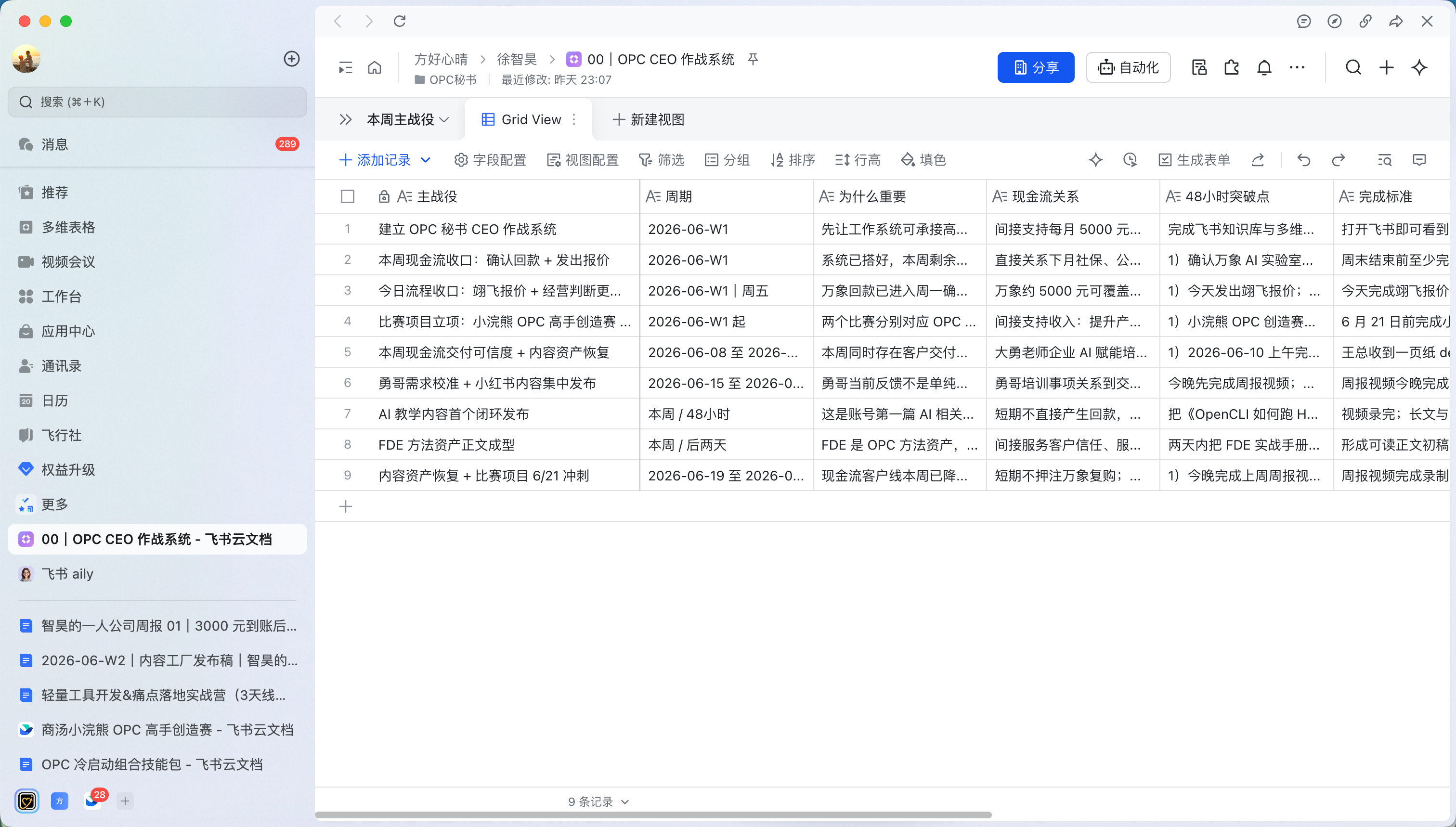 飞书本周主战役9条自闭环